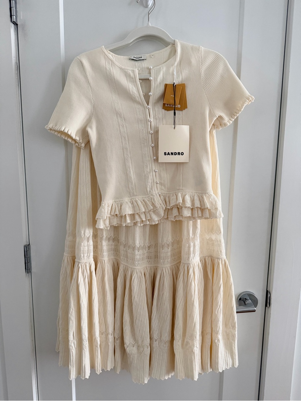 NWT Sandro Arianna Ecru Ruffled Knit Top & Maxi Skirt Set